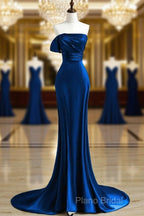 Royal Blue Satin Mermaid Scoop Long Party Dresses, Royal Blue Formal Prom Dresses