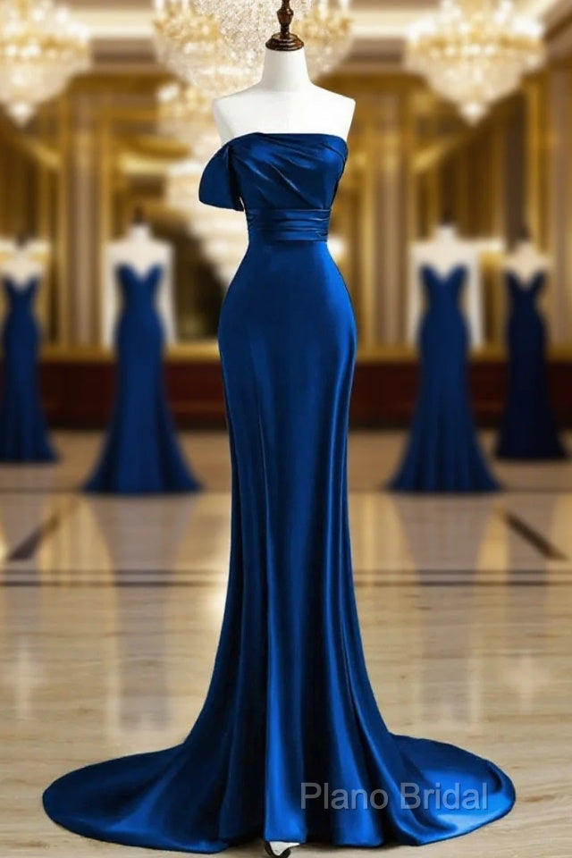 Royal Blue Satin Mermaid Scoop Long Party Dresses, Royal Blue Formal Prom Dresses Main image