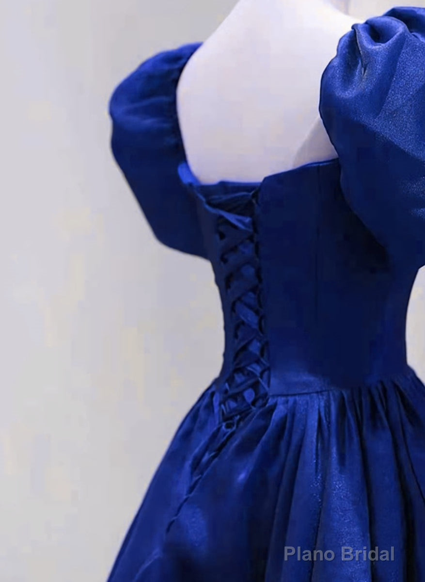 Royal Blue Satin Short Sleeves Wedding Party Dress, Royal Blue Party Dress Prom Dress Secondary image