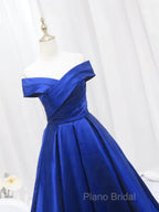 Royal Blue Satin Sweetheart Off Shoulder Long Formal Dresses, A-Line Formal Prom Dresses