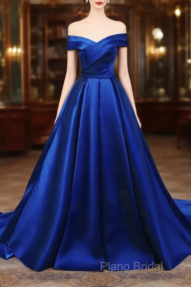 Royal Blue Satin Sweetheart Off Shoulder Long Formal Dresses, A-Line Formal Prom Dresses Main image