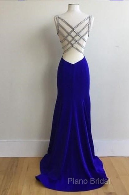 Royal Blue Satin V Neck Mermaid Formal Dresses With Cross Back Secondary image