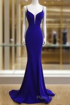 Royal Blue Satin V Neck Mermaid Formal Dresses With Cross Back