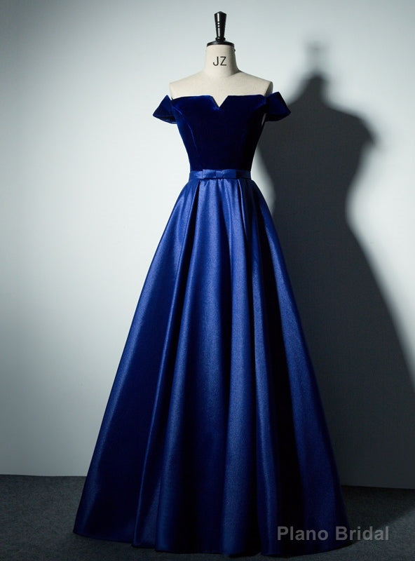Royal Blue Satin Velvet Off the Shoulder Prom Dress Main image