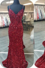 Royal Blue Sequin Beaded Mermaid Formal Prom Dresses Spaghetti Straps