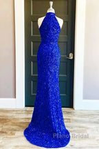 Royal Blue Sequin Halter Long Formal Dress with Slit Formal Prom Dresses