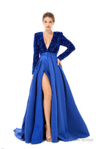 Sequined Satin A Line Front Slit V Neck Full Sleeve Sweep Train Long Prom Dresses