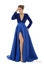 Sequined Satin A Line Front Slit V Neck Full Sleeve Sweep Train Long Prom Dresses