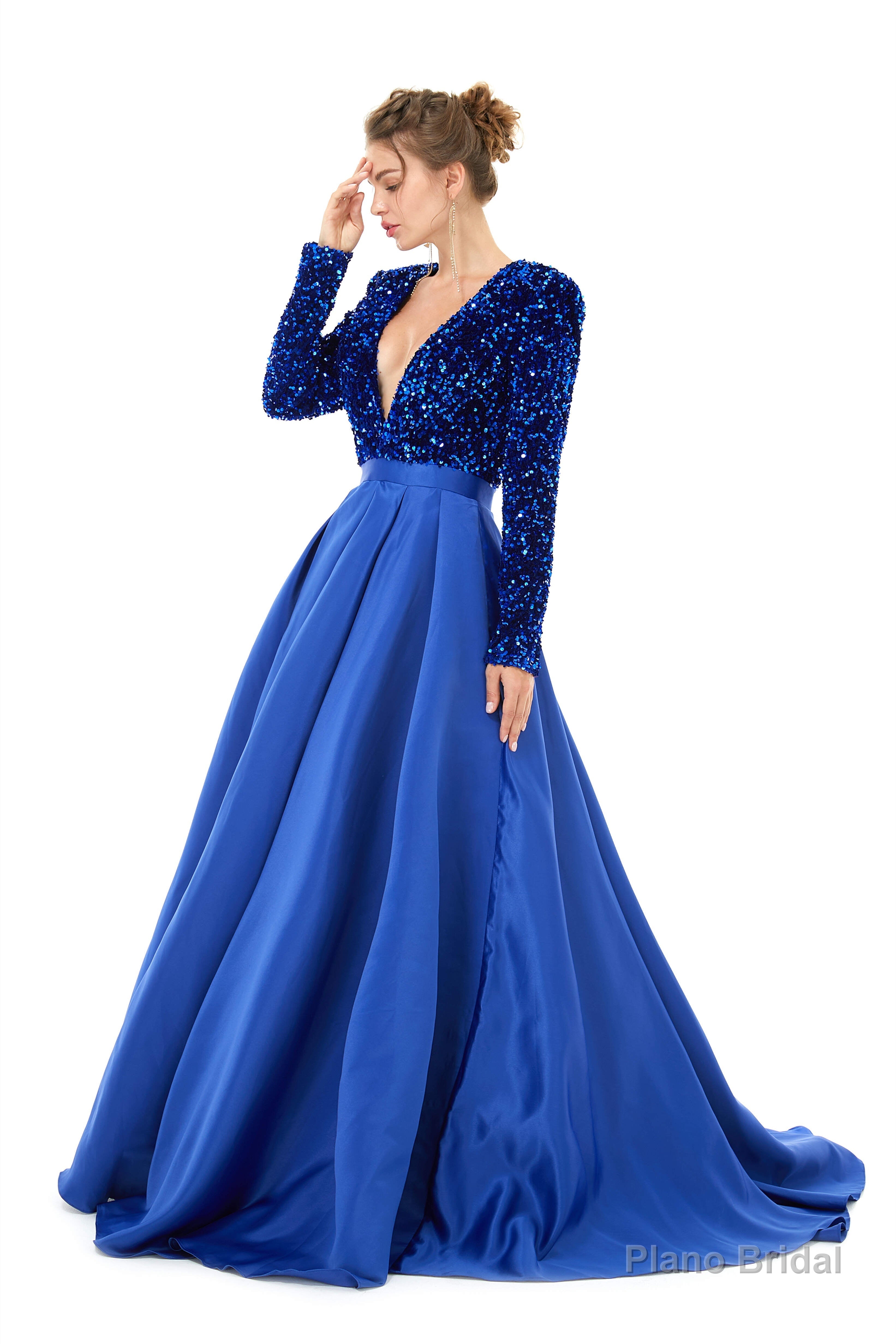 Sequined Satin A Line Front Slit V Neck Full Sleeve Sweep Train Long Prom Dresses