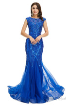 Royal Blue Sequined Tulle Mermaid Cap Sleeve Scoop Neck Formal Gowns