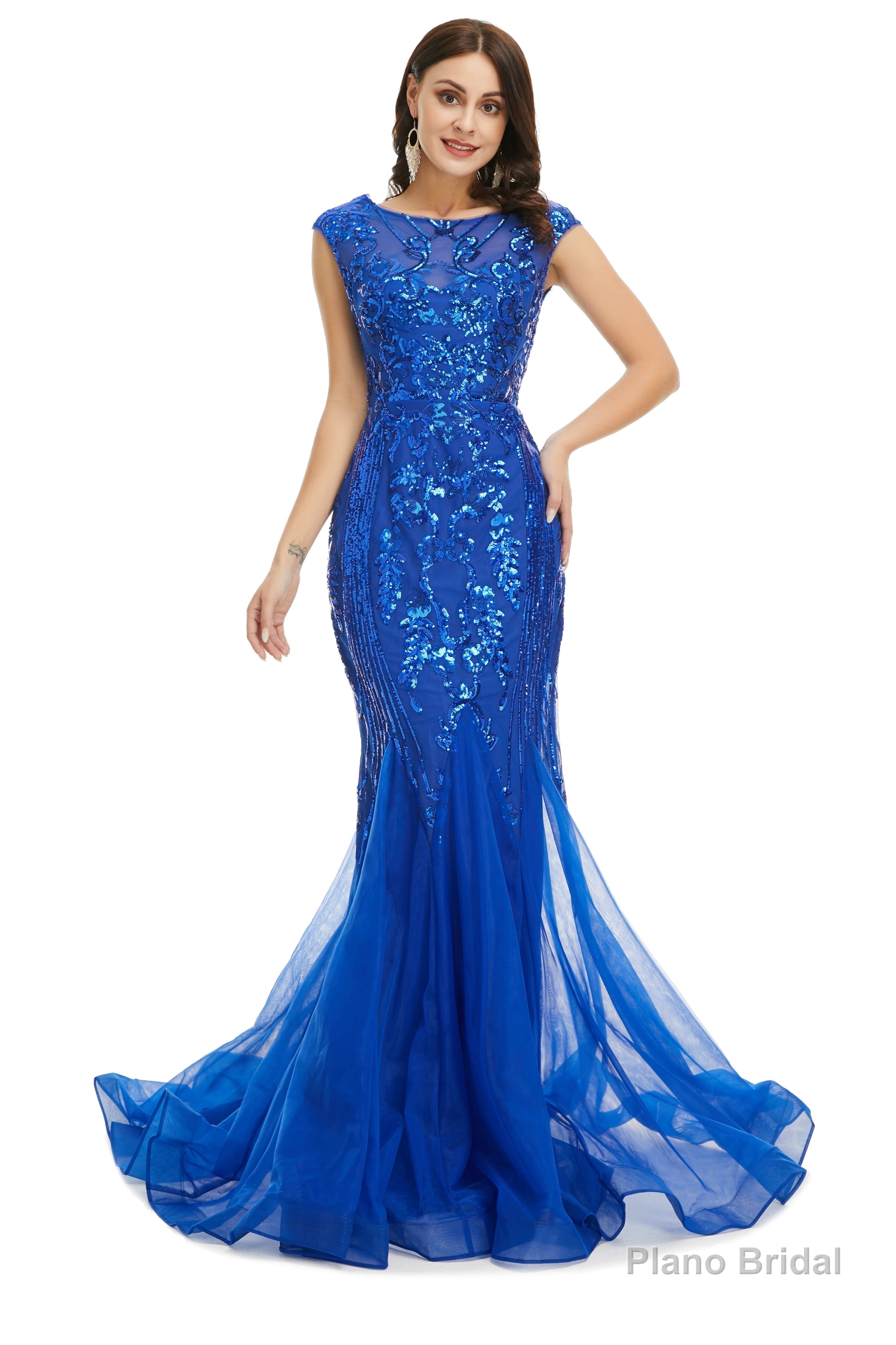 Royal Blue Sequined Tulle Mermaid Cap Sleeve Scoop Neck Formal Gowns