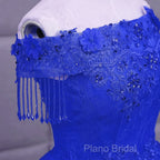 Royal Blue Sequins Beaded Tulle Sweet 16 Dresses, Royal Blue Long Formal Dresses