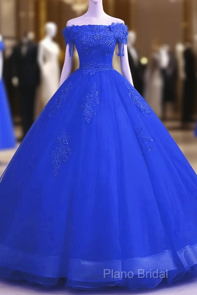 Royal Blue Sequins Beaded Tulle Sweet 16 Dresses, Royal Blue Long Formal Dresses Main image