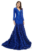 Sequins Mermaid Long V Neck Prom Dresses Full Sleeve
