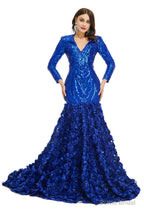 Sequins Mermaid Long V Neck Prom Dresses Full Sleeve