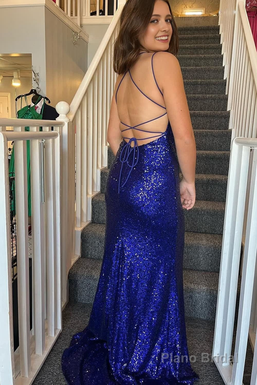 Royal Blue Sequins Spaghetti Straps Prom Dress with Slit Secondary image
