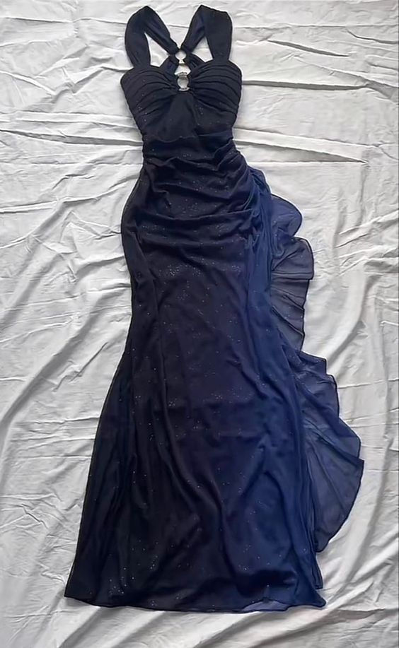 Royal Blue Sheath Long Formal Prom Dresses Ruffled Formal Evening Dresses