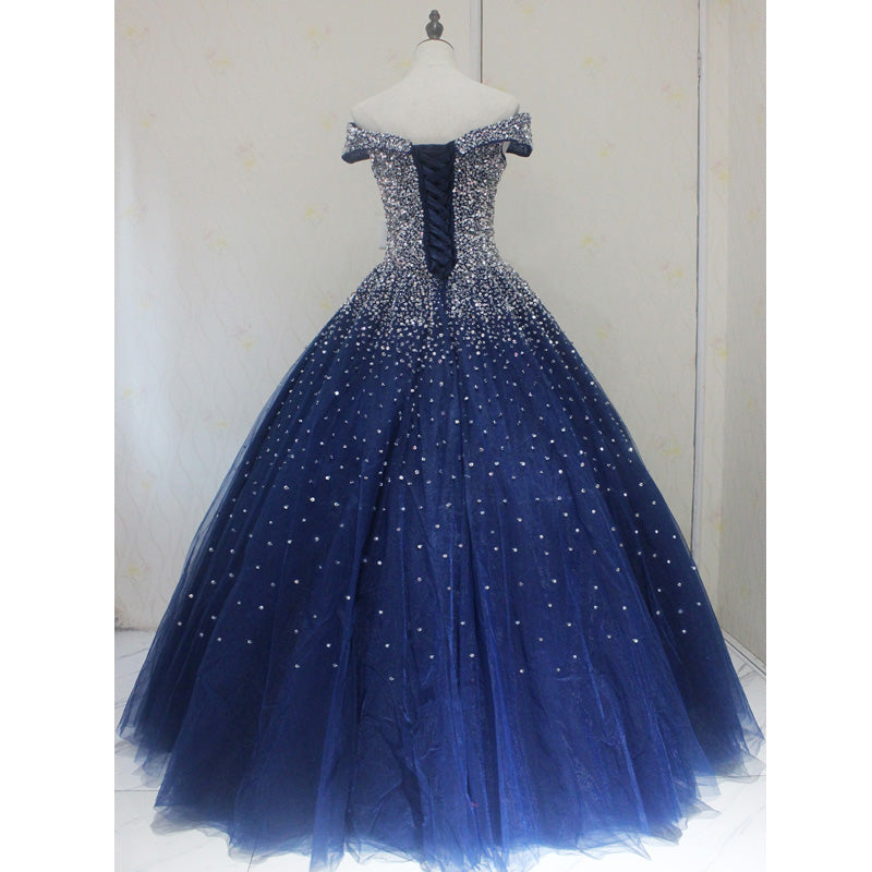 Blue Sparkle Off Shoulder Ball Party Dresses , Handmade Beaded Party Dresses Secondary image