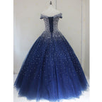 Blue Sparkle Off Shoulder Ball Party Dresses , Handmade Beaded Party Dresses
