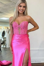 Royal Blue Strapless Lace Mermaid Long Prom Dresses With Slit