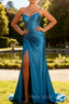 Royal Blue Strapless Ruched Corset Mermaid Beaded Long Prom Dress With Slit