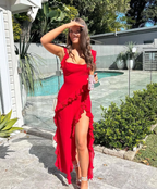 Red Chiffon Formal Prom Dresses Long Ruffle Party Dresses Formal Evening Dresses