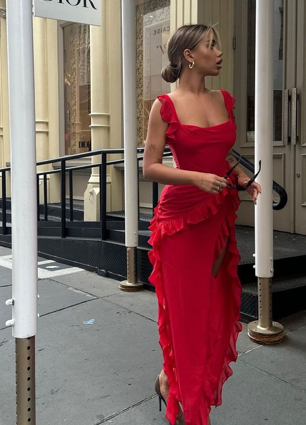 Red Chiffon Formal Prom Dresses Long Ruffle Party Dresses Formal Evening Dresses