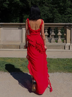 Red Chiffon Formal Prom Dresses Long Ruffle Party Dresses Formal Evening Dresses