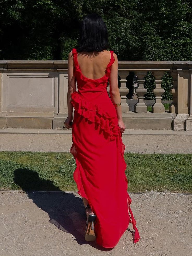 Red Chiffon Formal Prom Dresses Long Ruffle Party Dresses Formal Evening Dresses