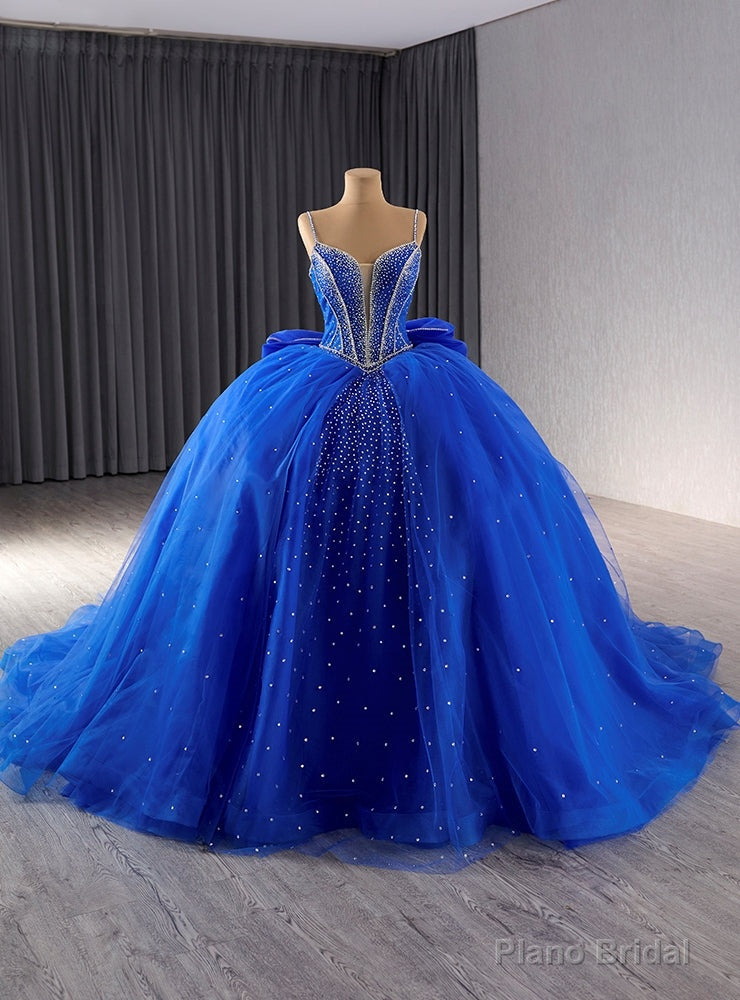 Royal Blue Tulle Spaghetti Straps Beading Prom Dress Main image