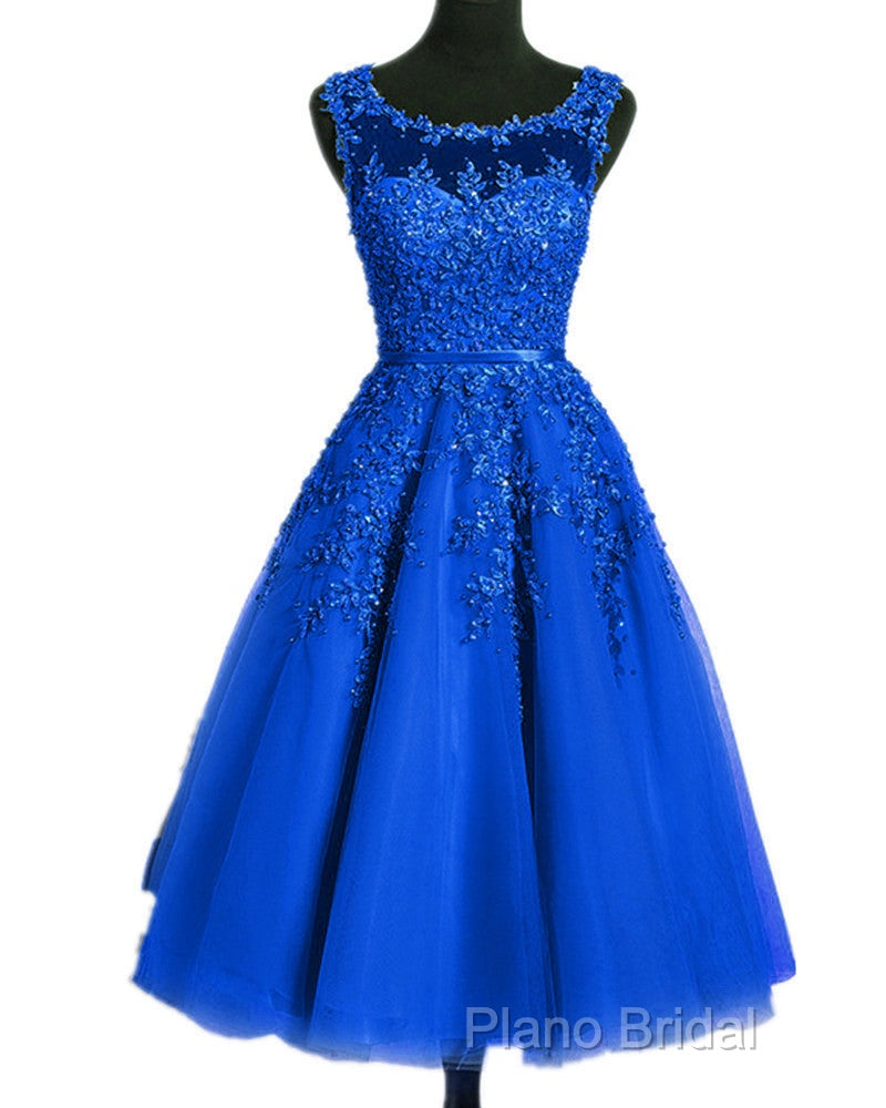 Royal Blue Tulle Tea Length Applique Round Neckline Formal Dresses, Blue Wedding Party Dresses Secondary image