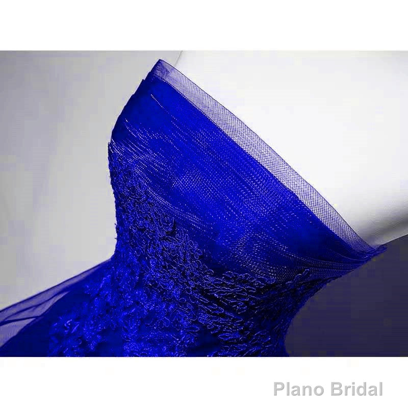 Royal Blue Tulle with Lace Applique High Low Party Dress, Blue Homecoming Dress