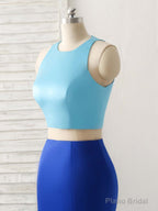 Royal Blue Two Pieces Satin Long Prom Dress, Blue Evening Dress