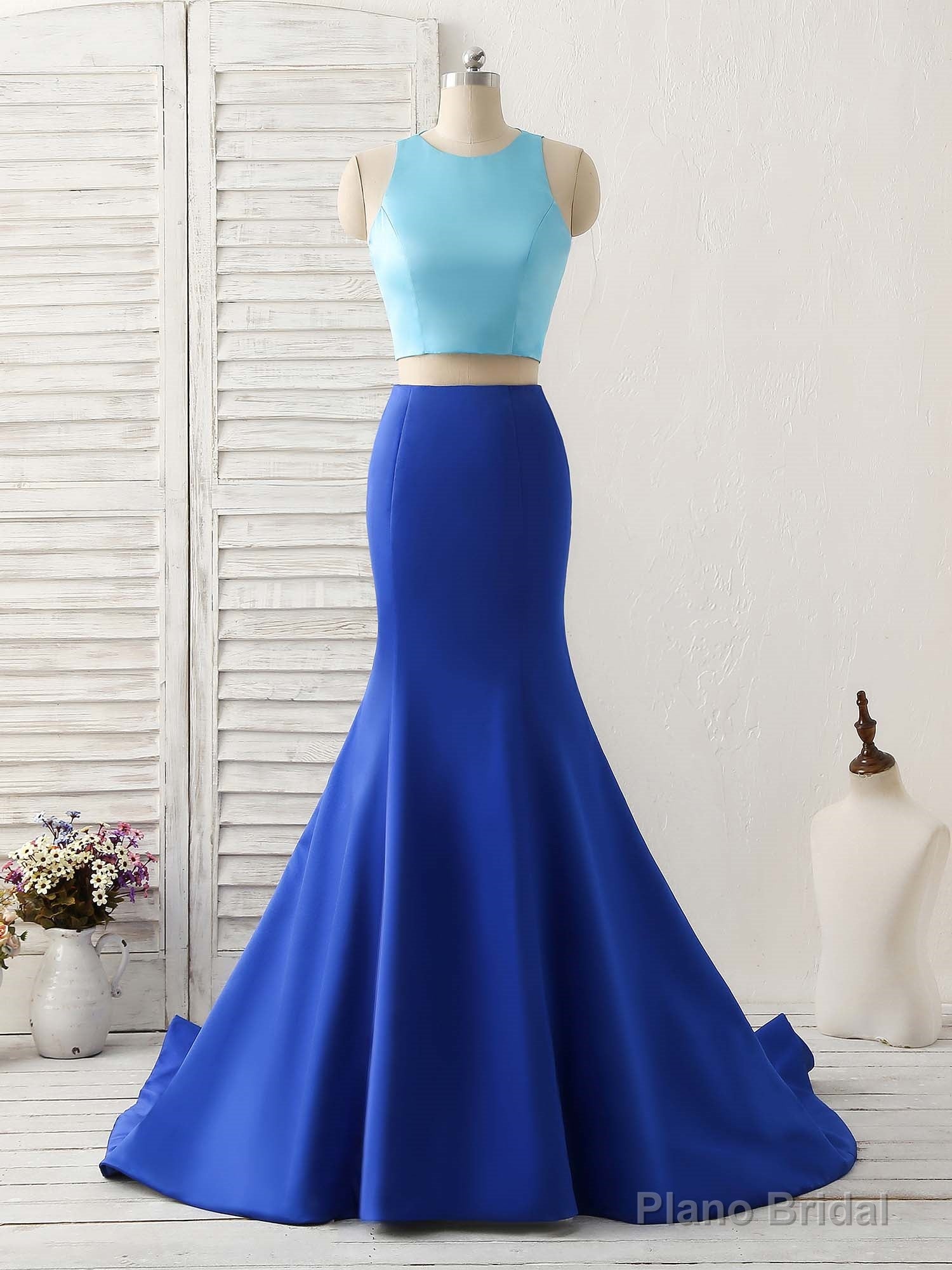Royal Blue Two Pieces Satin Long Prom Dress, Blue Evening Dress Main image