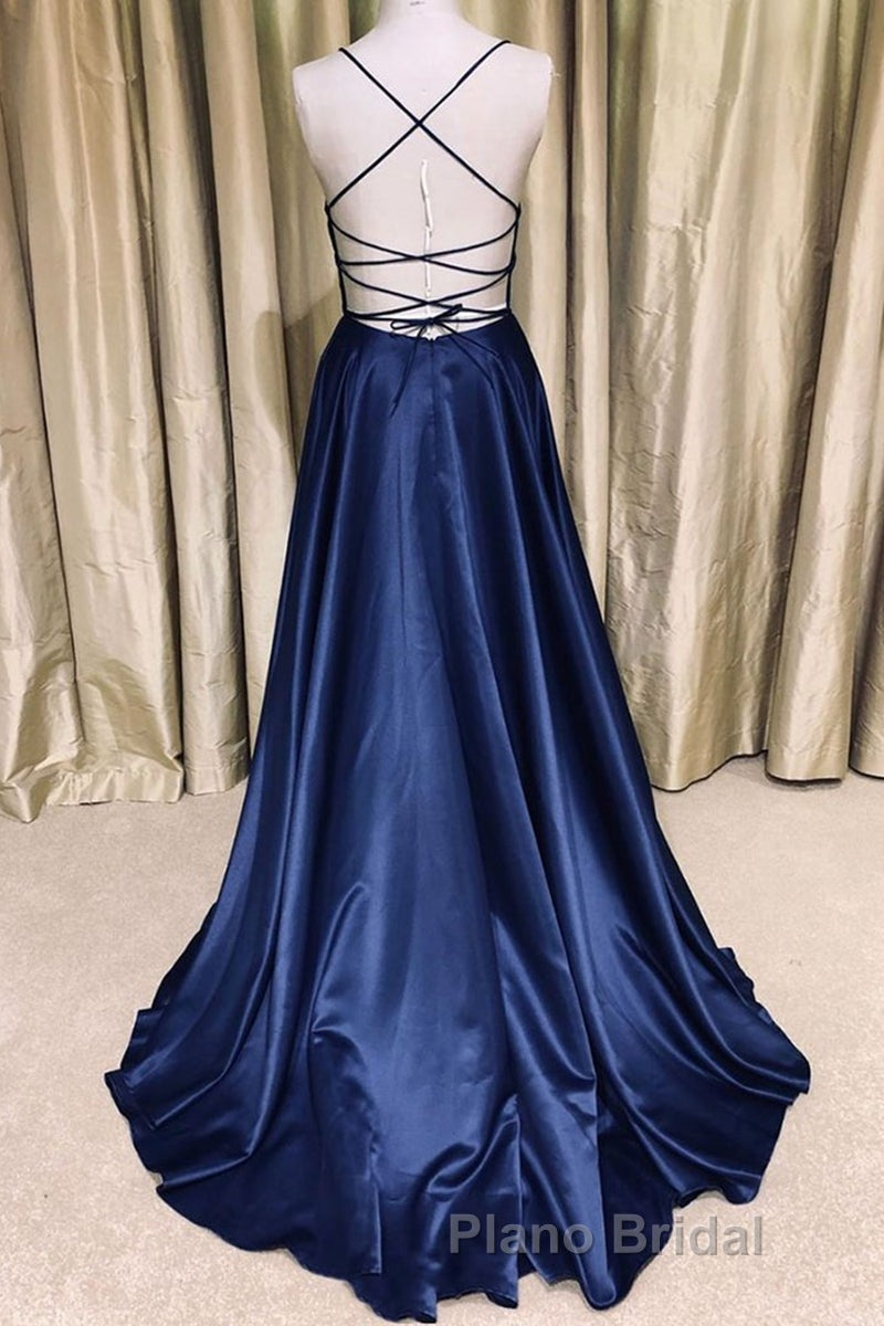 Royal Blue V Neck Backless Satin Long Formal Prom Dresses, Royal Blue Formal Dresses, Backless Royal Blue Evening Dresses Secondary image