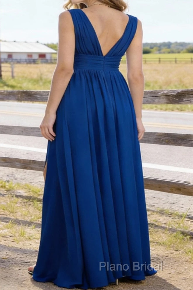 Royal Blue V Neck Chiffon Floor Length Bridesmaid Dresses Long Bridesmaid Dress With Pleated Split Secondary image