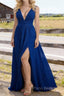 Royal Blue V Neck Chiffon Floor Length Bridesmaid Dresses Long Bridesmaid Dress With Pleated Split