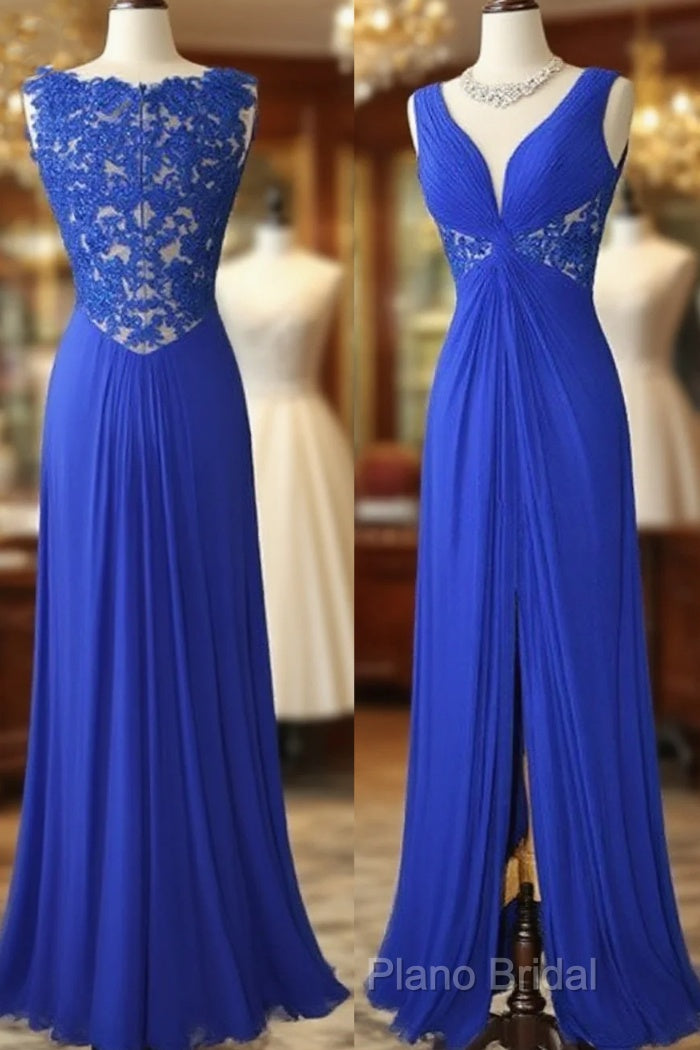 Royal Blue V Neck Chiffon Lace Long Formal Prom Dresses, Formal Dresses Main image