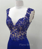 Royal Blue V Neck Mermaid Long Formal Prom Dresses, Blue Formal Dresses