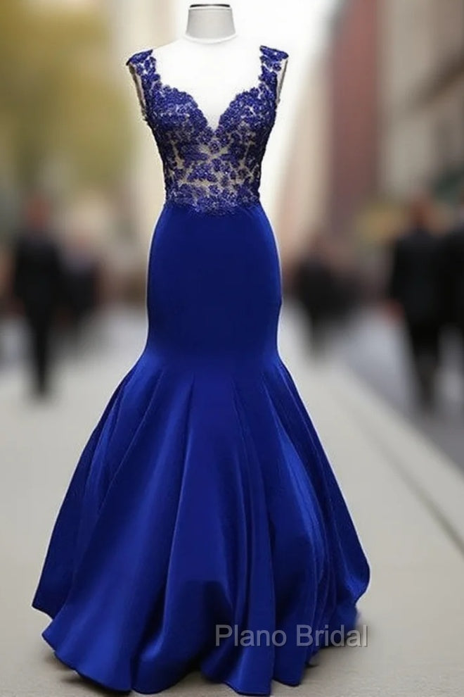 Royal Blue V Neck Mermaid Long Formal Prom Dresses, Blue Formal Dresses Main image