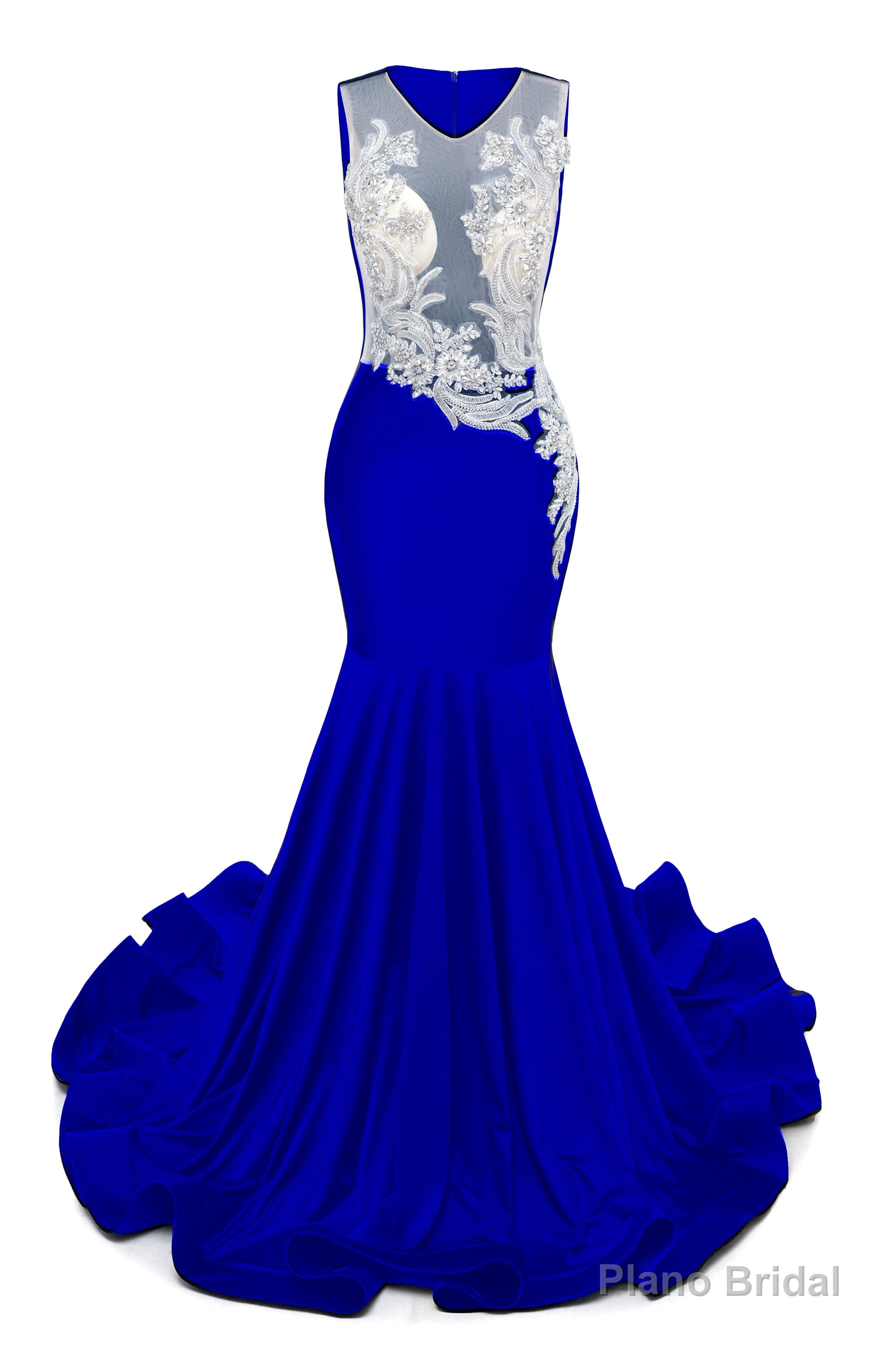 Royal Blue V-Neck Sheer Corset Prom Dresses Beaded Mermaid Long Train Evening Gowns Main image
