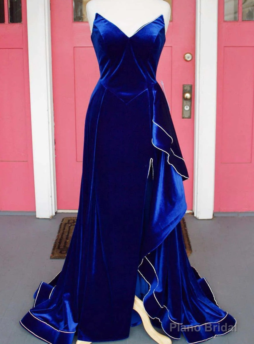 Royal Blue Velvet Strapless Split Prom Dress