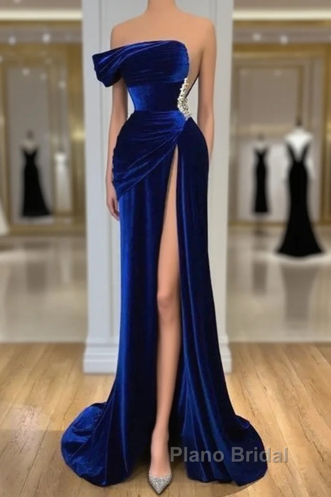 Royal Blue Velvet Trumpet Mermaid Formal Prom Dresses With Slit Main image
