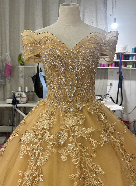 Royal Champagne Gold Off-The-Shoulder Beaded Embroidered Tulle Long Formal Prom Dresses Secondary image