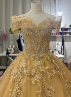 Royal Champagne Gold Off-The-Shoulder Beaded Embroidered Tulle Long Formal Prom Dresses