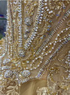 Royal Champagne Gold Off-The-Shoulder Beaded Embroidered Tulle Long Formal Prom Dresses