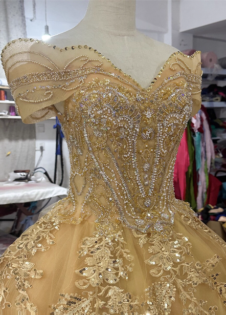Royal Champagne Gold Off-The-Shoulder Beaded Embroidered Tulle Long Formal Prom Dresses
