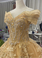 Royal Champagne Gold Off-The-Shoulder Beaded Embroidered Tulle Long Formal Prom Dresses