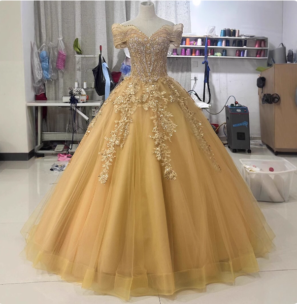 Royal Champagne Gold Off-The-Shoulder Beaded Embroidered Tulle Long Formal Prom Dresses Main image