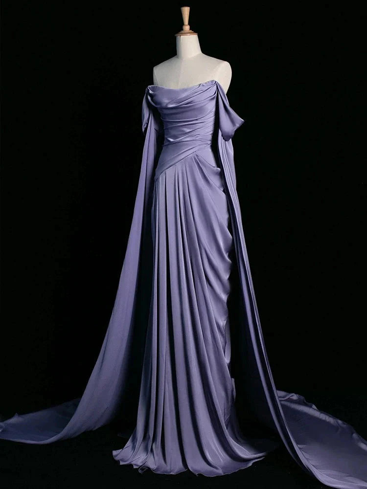 Royal Purple A-Line Off Shoulder Satin Long Formal Prom Dresses Formal Evening Dresses